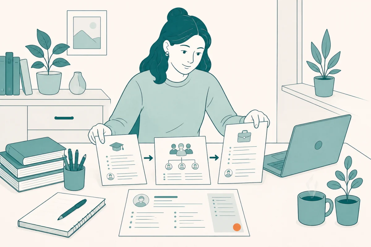 Kvinnlig student som skriver ett CV vid ett studiebord