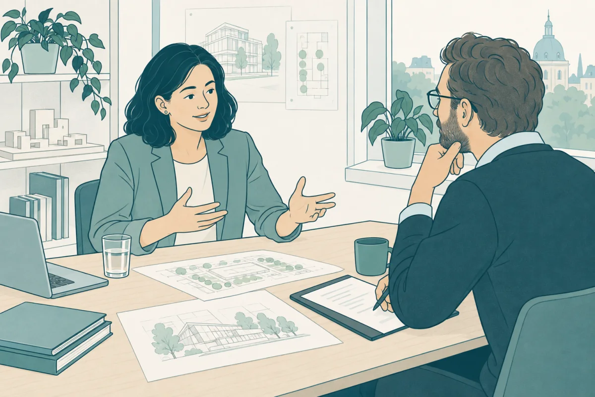 Kandidat och rekryterare i ett intervjusamtal för arbete som arkitekt
