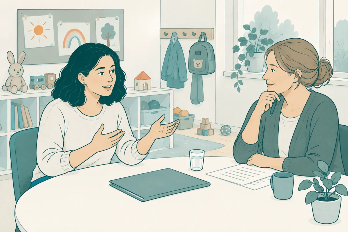 Kandidat och rekryterare i ett intervjusamtal för arbete som barnskötare