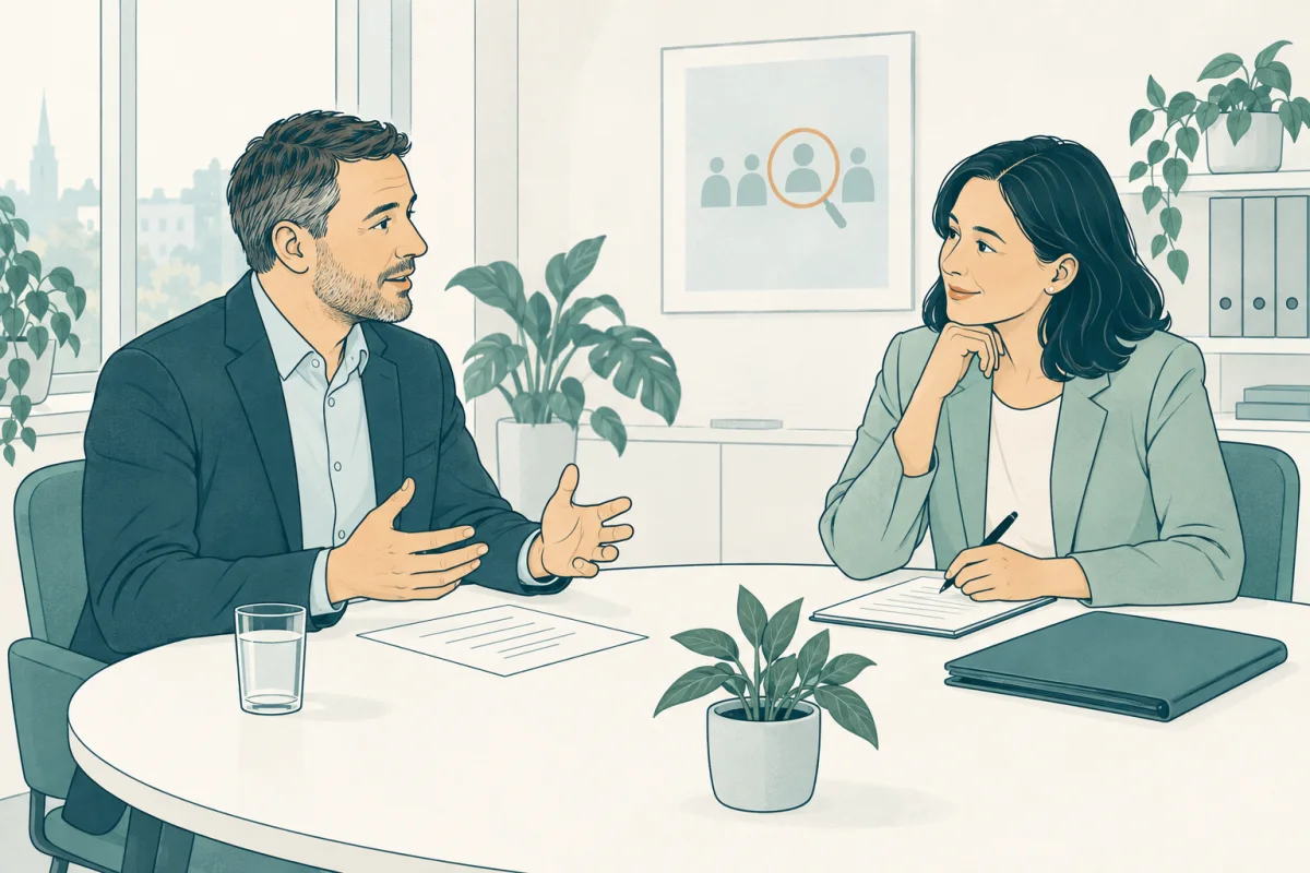 Kandidat och rekryterare i ett intervjusamtal för arbete som hr-specialist