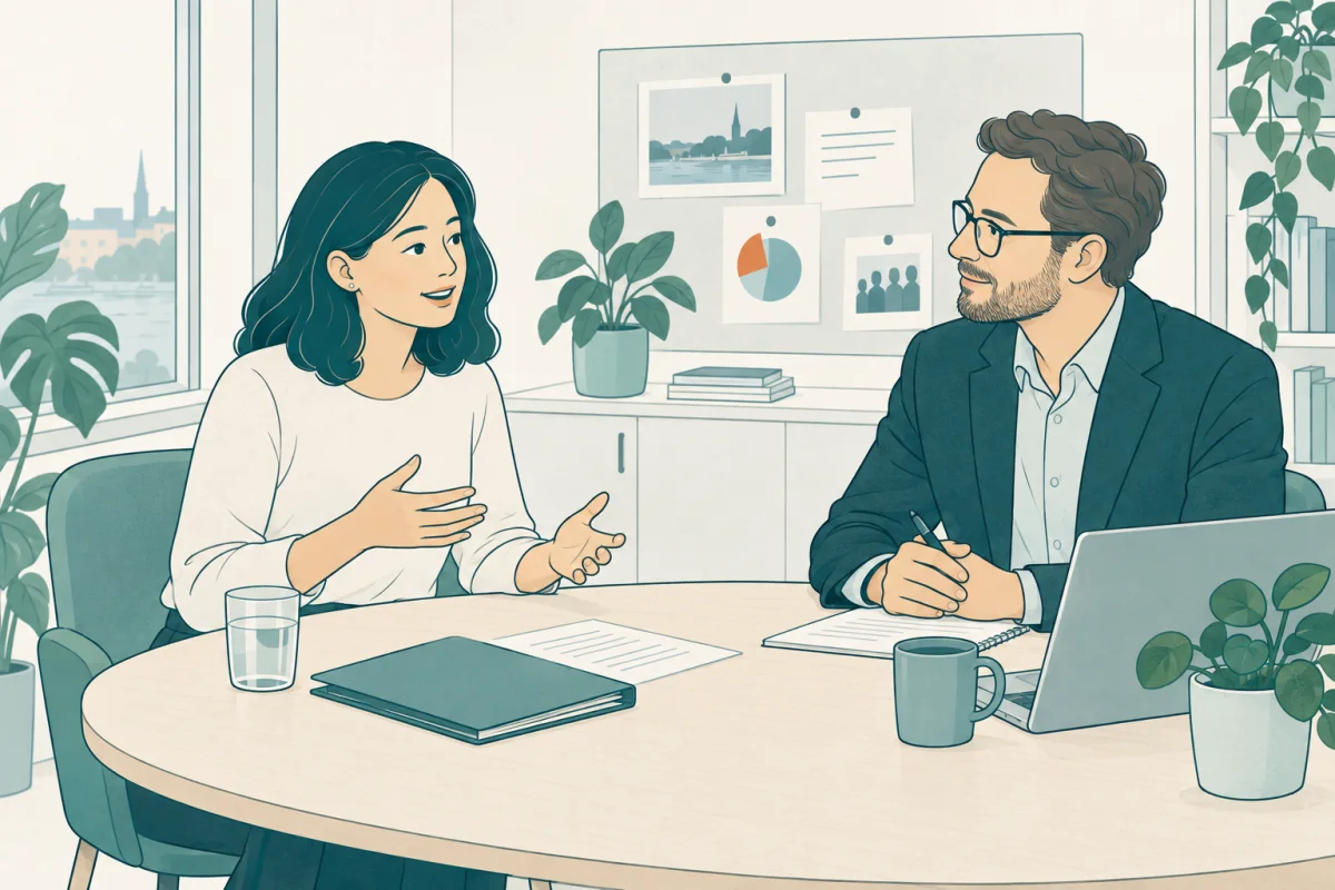 Kandidat och rekryterare i ett intervjusamtal för arbete som kommunikatör