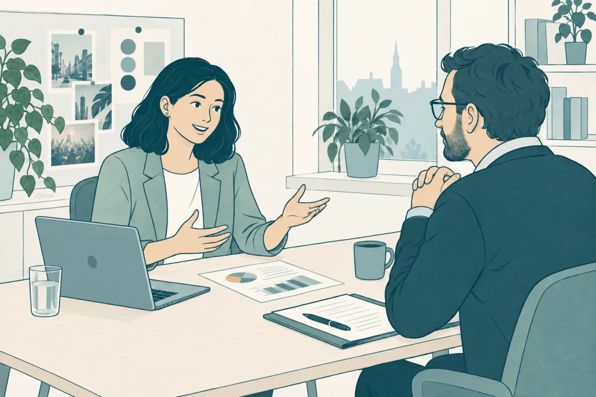 Kandidat och rekryterare i ett intervjusamtal för arbete som marknadsförare