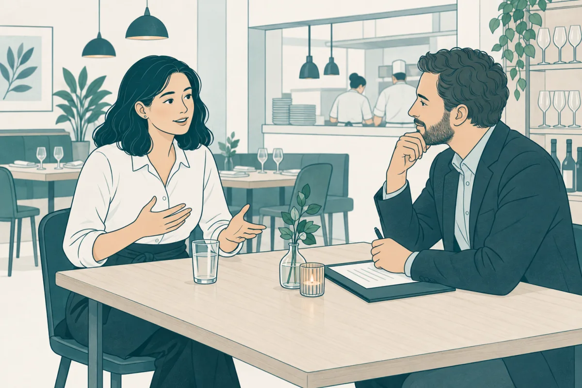 Kandidat och rekryterare i ett intervjusamtal för arbete som servitör