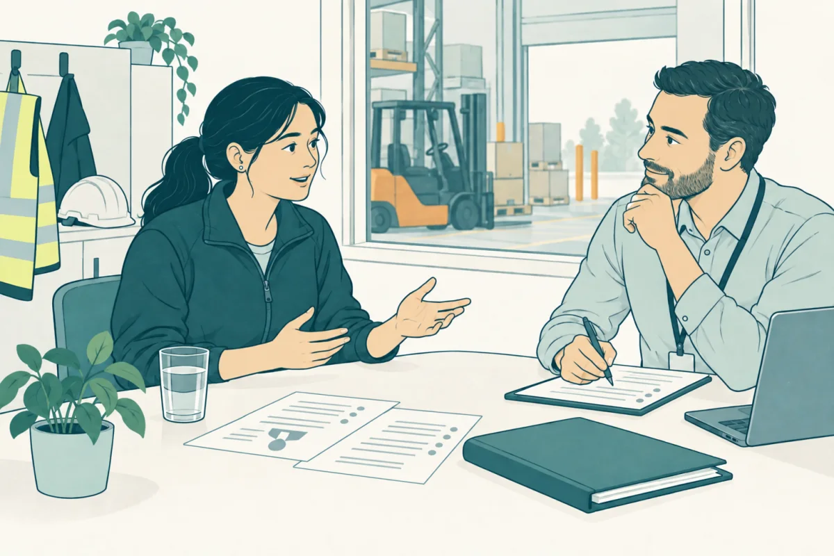 Kandidat och rekryterare i ett intervjusamtal för arbete som truckförare
