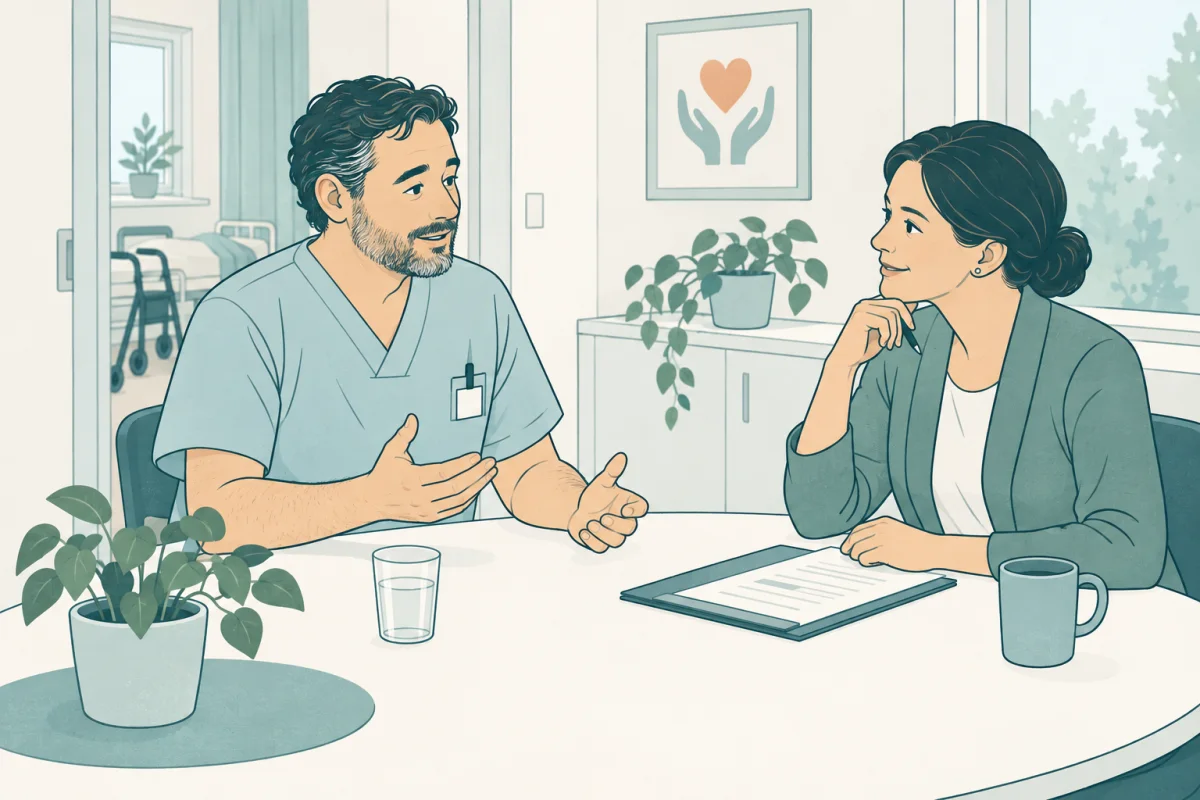 Kandidat och rekryterare i ett intervjusamtal för arbete som undersköterska