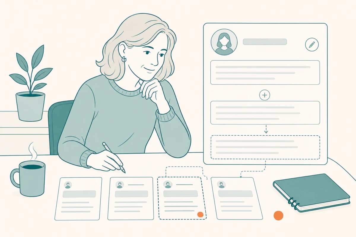 Kvinna som formulerar rubrik och sammanfattning till sin LinkedIn-profil