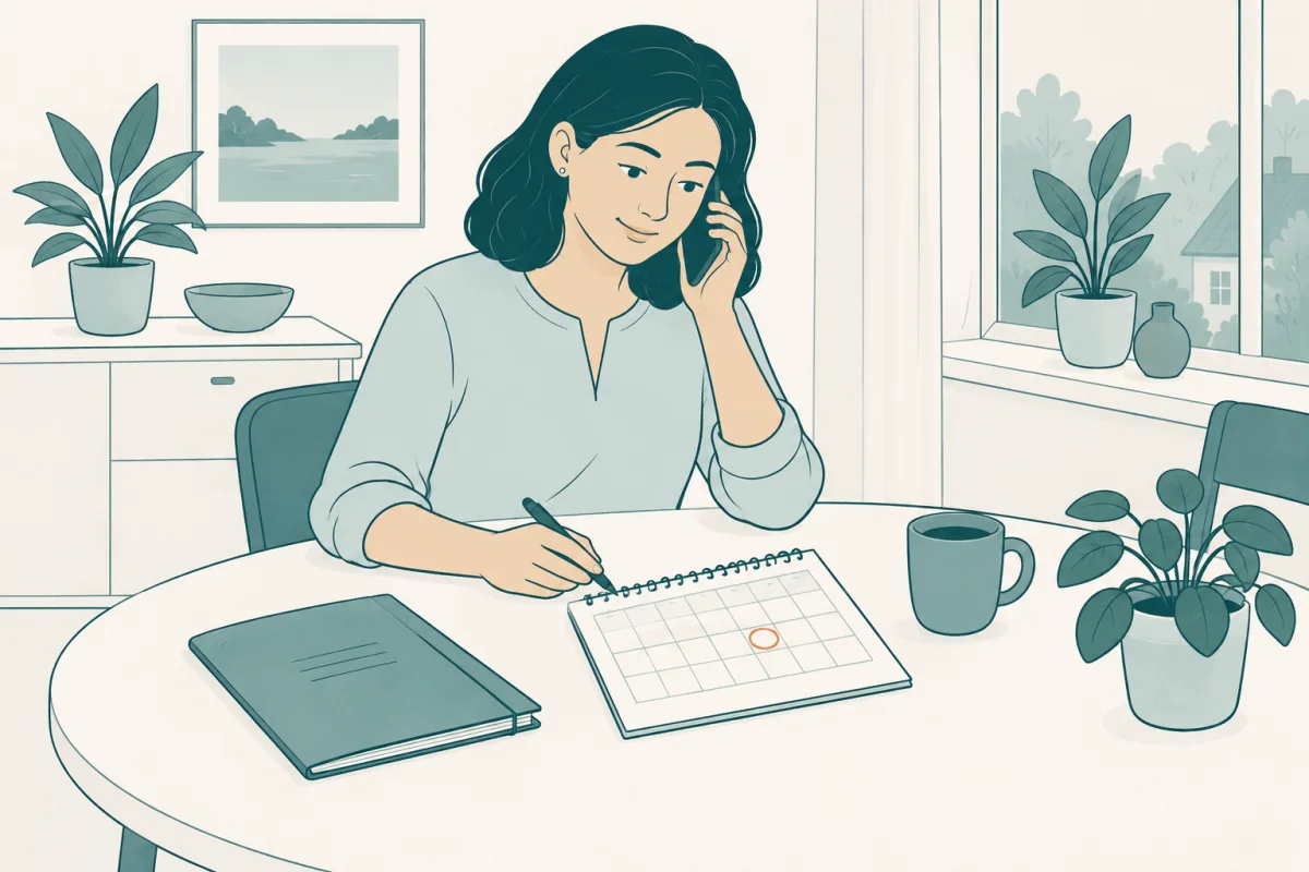 Kvinna som följer upp en jobbansökan med telefon och kalender